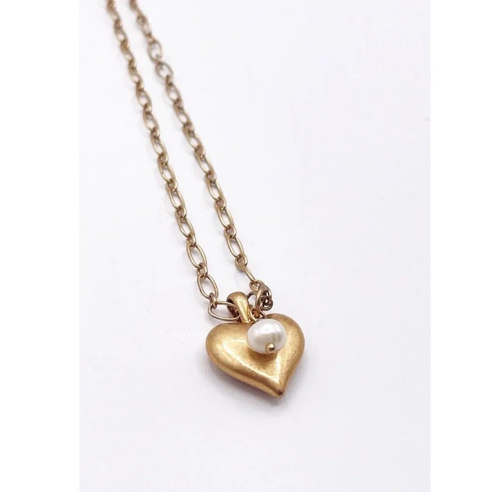 ZARA Gold Tone Dainty Faux Pearl Puffy Heart Dangle Pendant Necklace Adjustable